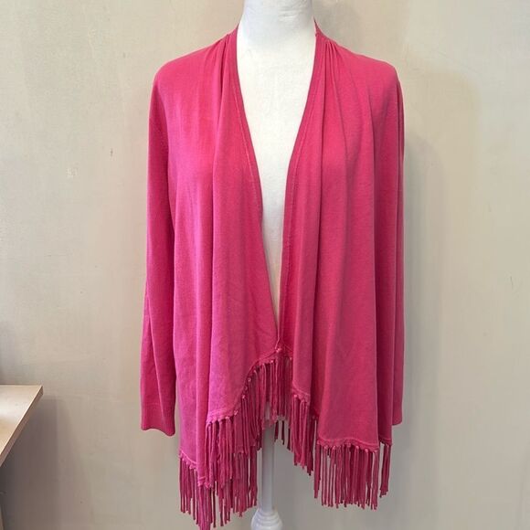 Chelsea & Theodore hot pink open draped cardigan with fringe Size M EUC - Picture 1 of 8
